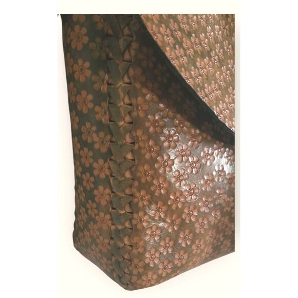 Leather Hand Tooled Mexican Crossbody Bag Floral Brown Green Cross Stich Tassel - Picture 4 of 11